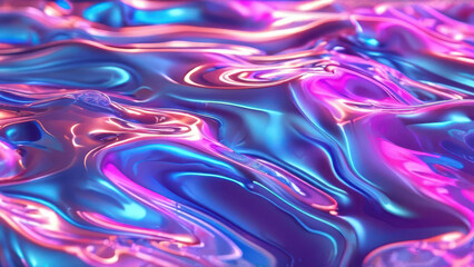 Fototapeta premium Iridescent liquid metal surface with ripples. 3d illustration. Abstract fluorescent background. Fluid neon leak backdrop. Ultraviolet viscous substance. Generative Ai.