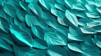 Bright teal and turquoise geometric 3D leaf tiles arranged in a dynamic, flowing pattern, with varying tile heights for extra depth and vibrance,