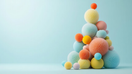 Fluffy textured 3D shapes in pastel colors create playful arrangement. This vibrant composition evokes sense of joy and creativity, perfect for modern decor