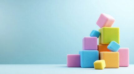 Fototapeta premium Colorful building blocks stacked on soft surface, creating playful scene. vibrant pastel colors evoke sense of creativity and fun, perfect for children playtime