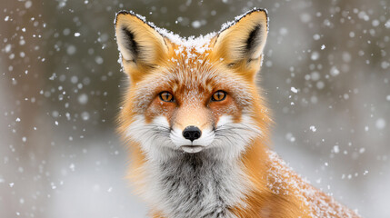 Fototapeta premium close-up of a red fox against a wintry backdrop, wildlife in winter