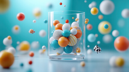 Colorful 3D spheres in glass container, creating vibrant and playful scene. fluffy textures and bright colors evoke sense of joy and creativity