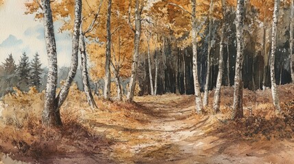 Fototapeta premium Watercolor depiction of autumn trees in a wooded area with a glimpse of the sky