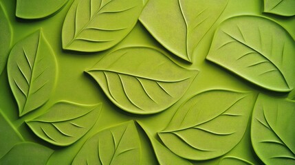 A vibrant green textured background with an elegant overlapping leaf design. Each leaf is shaped with smooth, curved lines, creating a natural, flowing pattern. Subtle embossing adds 