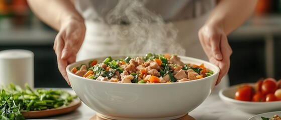 A person presents a steaming bowl of colorful salad, showcasing vibrant vegetables, garnished with fresh herbs, surrounded by additional ingredients in a kitchen setting.