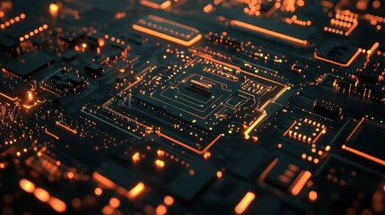Obraz premium A close-up view of a circuit board with glowing elements, representing technology and innovation.