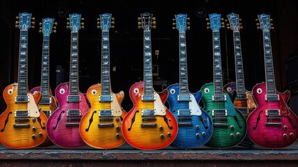 A vibrant collection of electric guitars displayed in a music shop, showcasing various colors and designs under soft lighting