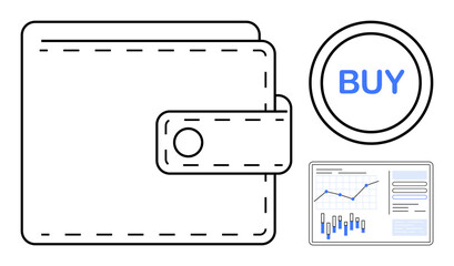 Wallet with button clasp, financial data chart showing trends, and blue BUY button. Ideal for finance tools, investment apps, personal budget, financial analysis, stock trading, savings strategies