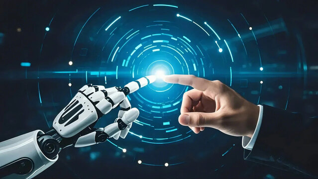 robot and man hand pushing a button on a touch sreen