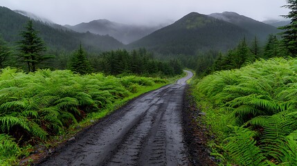 Explore the serene beauty of a misty mountain road surrounded by lush greenery