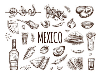 Hand-drawn set of realistic mexican dishes and products. Vintage sketch drawings of Latin American cuisine. Vector ink illustration. Mexican culture. Latin America.