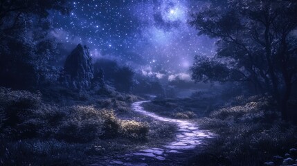 Fototapeta premium Stunning night landscape featuring a central trail amidst scenic surroundings