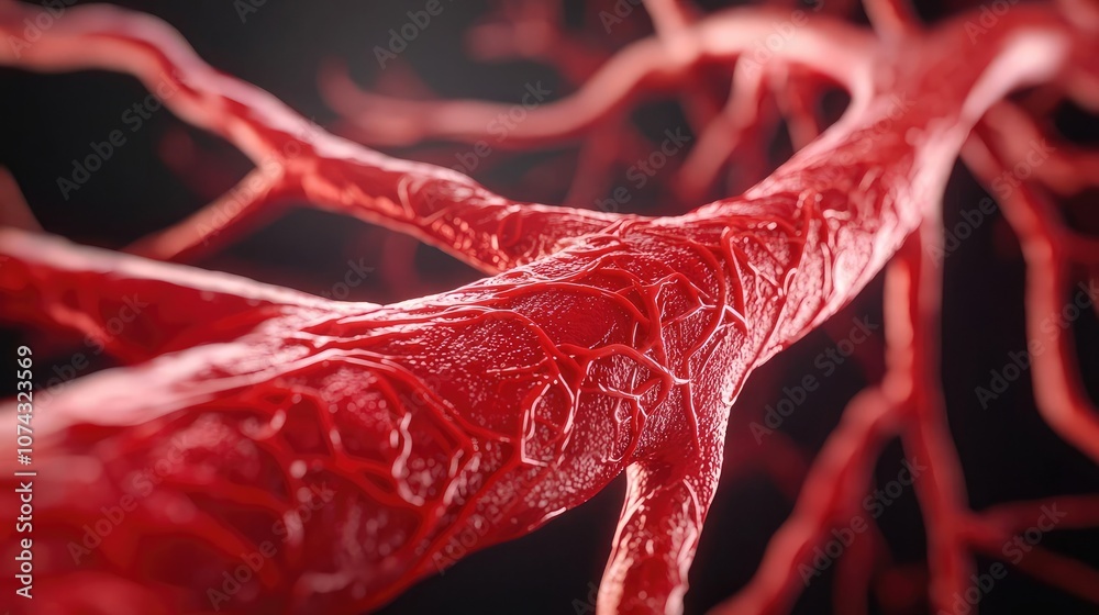 Poster close-up view of a red blood vessel with intricate details against a dark background