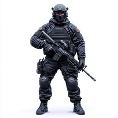 A photostock of a man in tactical gear holding a rifle, isolated on white background, High Quality