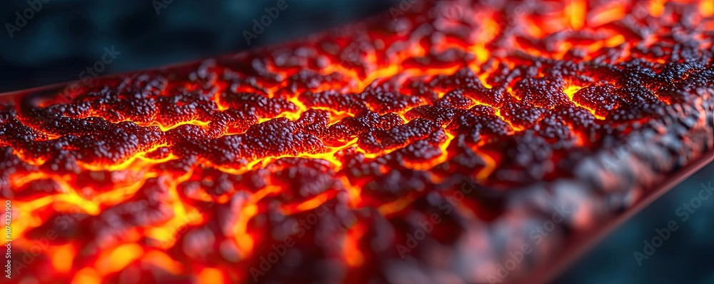 Poster close-up view of flowing lava with vibrant orange and red colors against dark background.