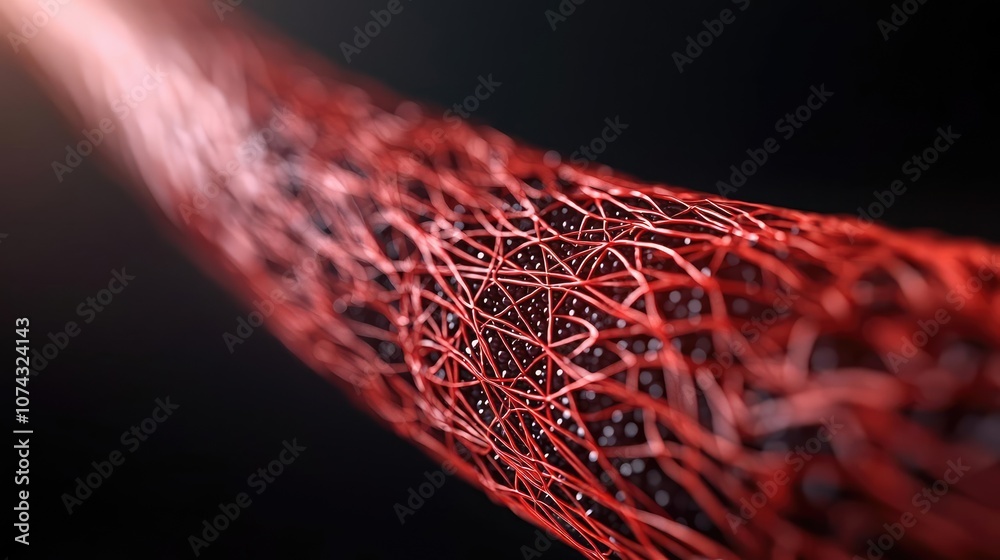 Poster Macro shot of intricate red fibers on a dark background, abstract representation.