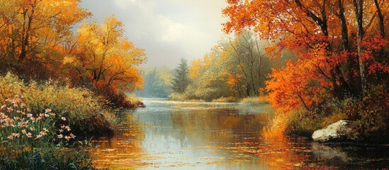 Autumnal Scenery Along The River With Cosmos Blooming