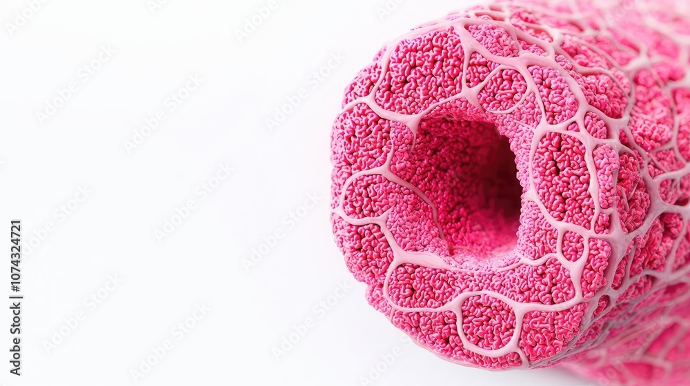 Poster microscopic image of a pink cell structure on a white background.