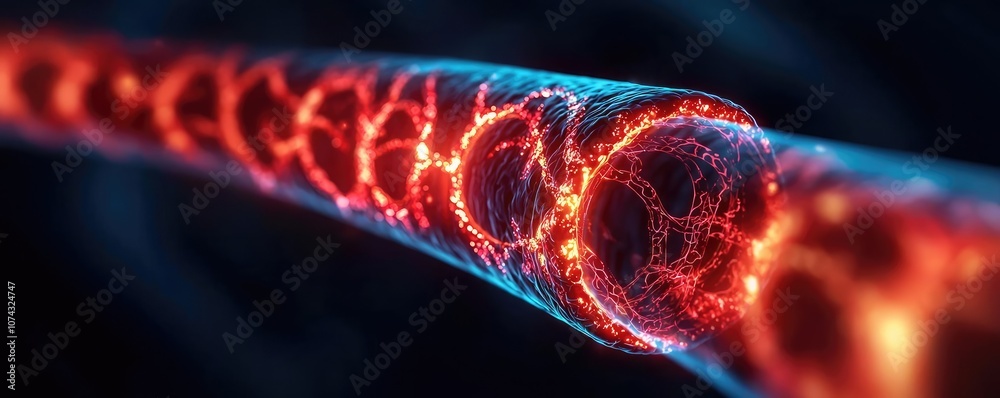 Poster Abstract glowing red particle flow, futuristic digital visualization, science concept.