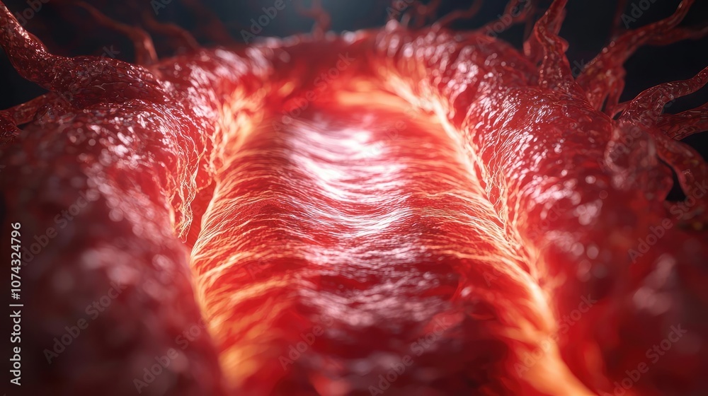 Poster Close-up view of glowing red tissue, showcasing intricate cellular structures.
