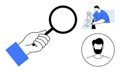 Large hand holding a magnifying glass, man carrying shopping bags in blue coat, bearded man in a circle. Ideal for retail analysis, identity verification, e-commerce trends, user research, personal