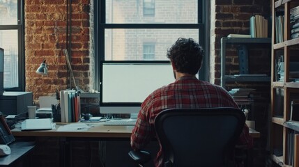 Fototapeta premium A person working at a desk with a computer in a cozy, brick-walled office space.