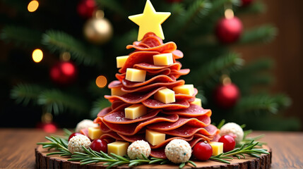 Festive Iberian Spanish charcuterie board with cured meat Christmas tree, Manchego cheese, rosemary, goat cheese balls, red radish, edible star on wooden table, cozy rustic holiday ambiance. 