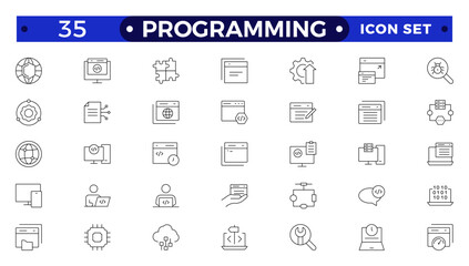 Programming Outline icon set. Contains linear outline icons like Web Development, Code, Website, Cloud, App, Data, Software, Algorithm, Api, Build, Program. Big UI icon set in a flat design.