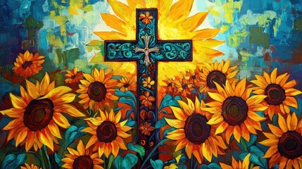 Vibrant Cross Among Sunflowers Symbolizing Happiness and Renewal