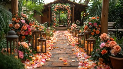 A brick walkway lined with lanterns, flower arrangements, and rose petals leading to a floral archway.