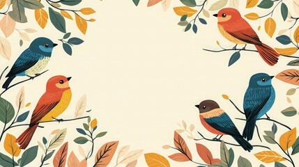 Frame filled with hand-drawn ethnic birds perched among leafy branches, all in warm, earthy tones with accents of bright colors, creating a balanced and inviting border.