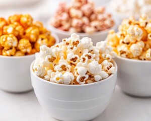 A colorful assortment of popcorn varieties in white bowls, showcasing different flavors and textures, perfect for snacking.