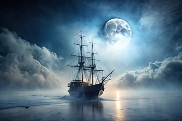 Fototapeta premium Ghost Ship in Fog at Midnight - Minimalist Photography for Mysterious Atmosphere