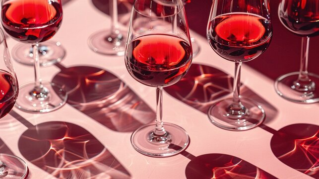 A collection of wine glasses filled with red wine, casting intricate shadows on a surface.