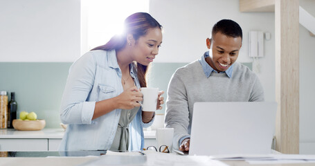 Fototapeta premium Couple, laptop and happy in home for ecommerce, travel planning or excited for online booking hotel. Man, woman or coffee at computer for shopping checkout, payment platform or pleased with promotion