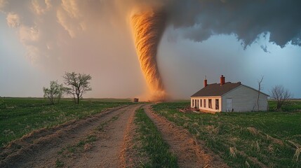 Large tornado approaching abandoned farmhouse in rural landscape at sunset