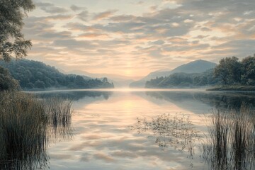 Fototapeta premium Serene Sunrise over a Tranquil Lake with Mountain Reflections