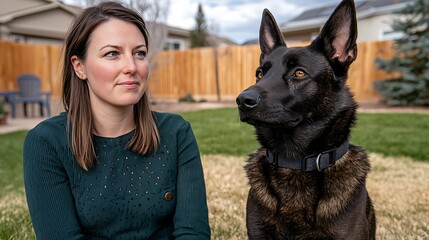 A woman connects deeply with her loyal german shepherd in a serene backyard setting