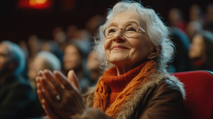 Obraz premium Happy senior woman clapping and enjoying a show in a crowded theater
