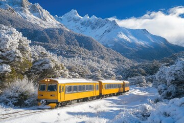 Yellow train traveling through snowy mountains in winter