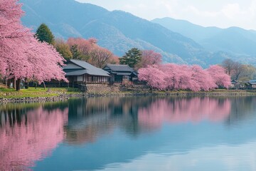Fototapeta premium Japanese houses reflecting on the lake during cherry blossom season