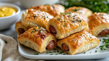 Sausage rolls wrapped in golden puff pastry sprinkled with thyme and mustard dip