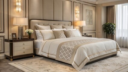 Luxurious King Bed With High Thread Count Linens in an Elegant Bedroom. Generative AI
