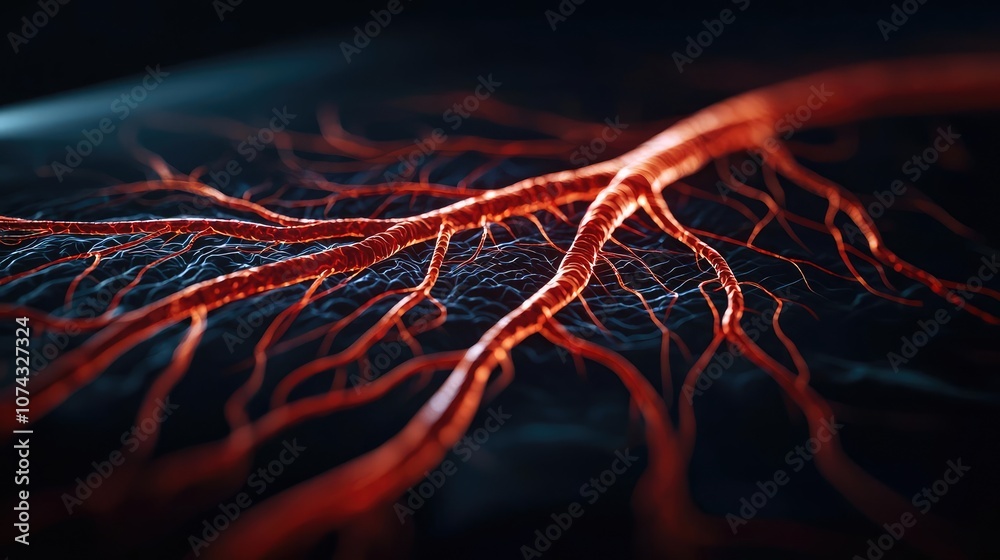 Poster intricate red network resembling biological veins on a dark background.