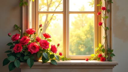 Fototapeta premium A window with a view of a tree and a bunch of red roses