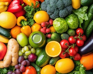 A colorful assortment of fresh fruits and vegetables arranged attractively, showcasing vibrant hues and diverse textures.