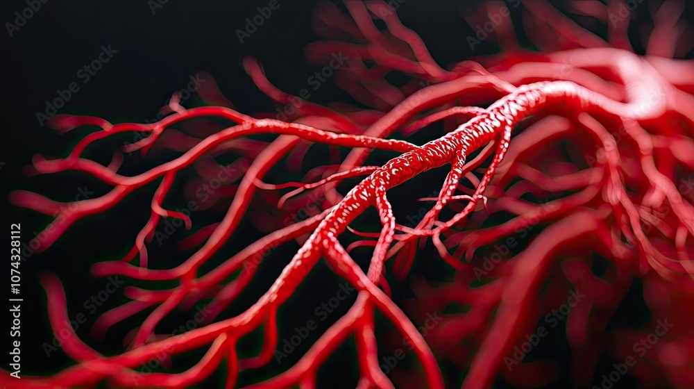 Poster detailed image of red vascular structure on a black background.