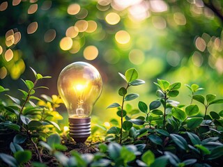 Glowing Light Bulb Surrounded by Leaves in a Dreamy Bokeh Effect