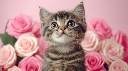 Adorable kitten poses charming among beautiful pink roses in captivating floral setting