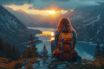 A traveler gazes at a sunset over a serene lake and mountains, embodying adventure and peace.